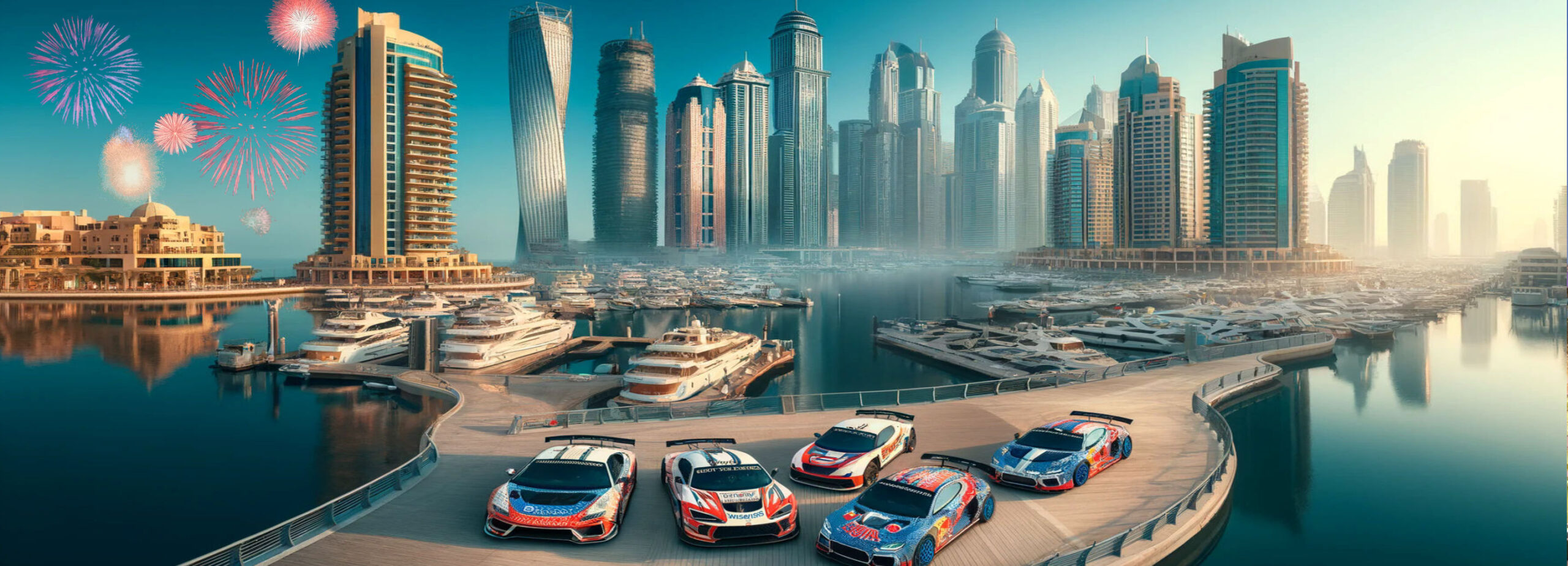 Dubaï : a race cars parked in a row next to a body of water